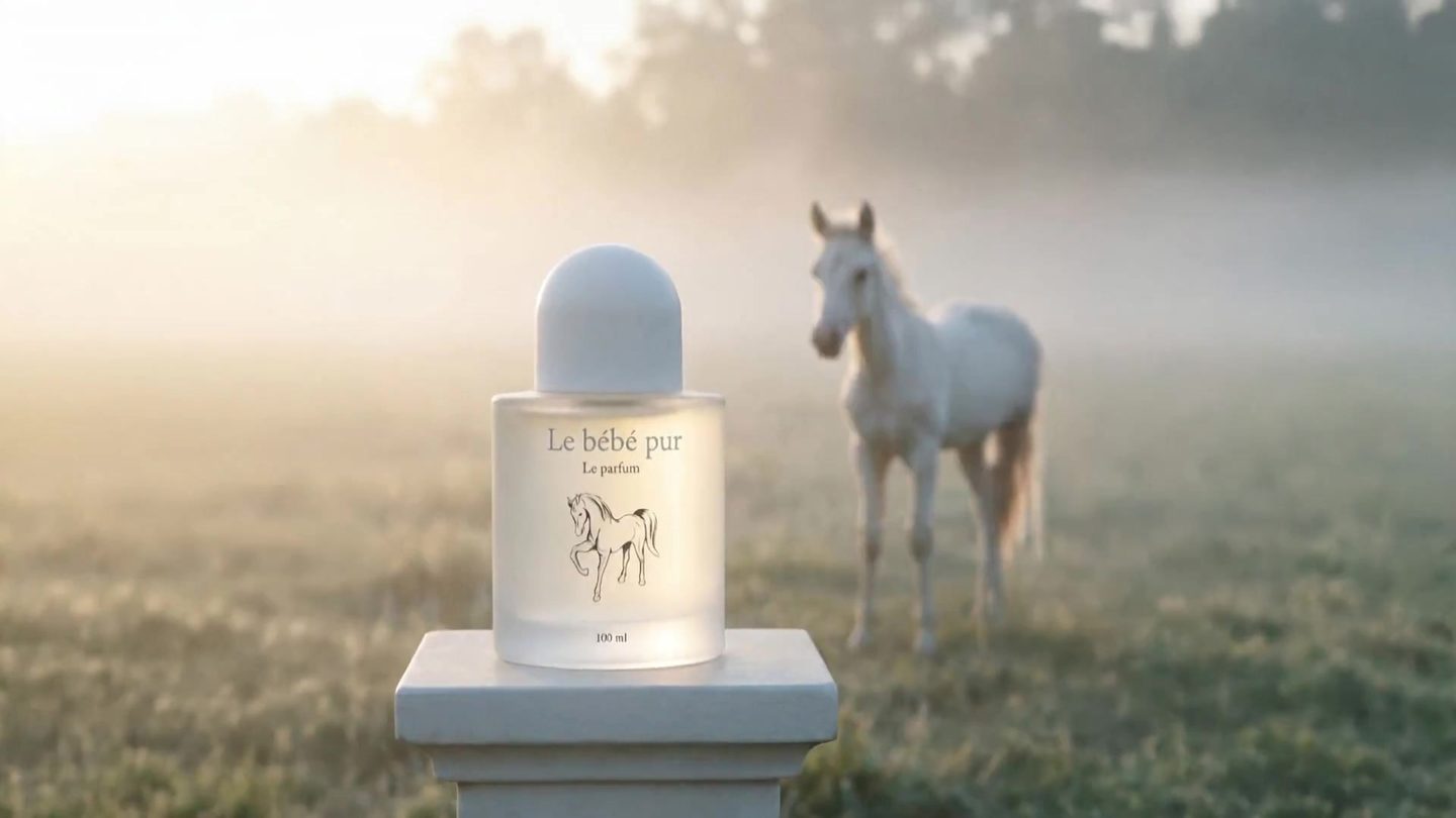 בקבוק Le parfum של Le bébé pur בשדה מואר, ולצדו סוס לבן